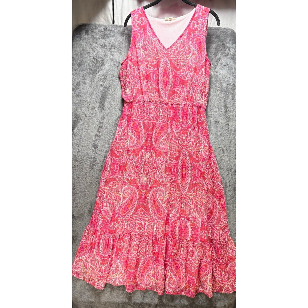 June and Delancy Pink/White Paisley Fit & Flare V-Neck Chiffon Dress M